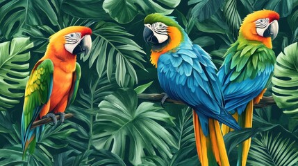 Charming seamless pattern of hand-painted tropical palm leaves alongside colorful parrots. Ideal for use in botanical-themed designs and  a vibrant, tropical atmosphere.