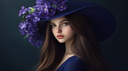Fototapeta premium A woman dons a blue hat with long brown tresses and a brim adorned with purple flowers