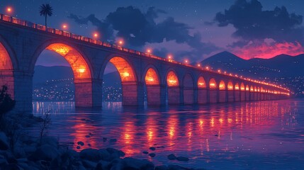 A vibrant sunset scene featuring a lit bridge over calm waters, reflecting warm colors.