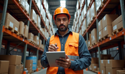 A front view warehouse manager is using a digital tablet to control inventory in a large warehouse. Dressed in a safety vest and hard ha