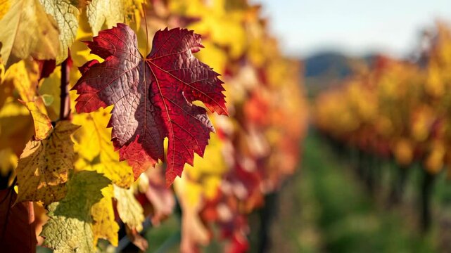 A single red leaf stands out amidst the yellow leaves of a grapevine during the autumn season