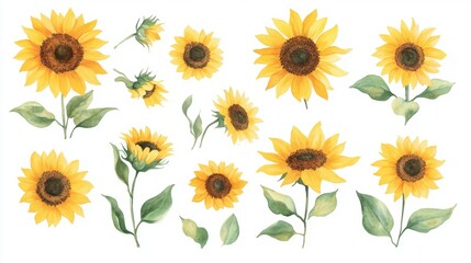 Fototapeta premium Charming set of hand-painted watercolor sunflowers in bright yellow, featuring green leaves. This collection is ideal for use in summer designs, invitations, and other floral decor.
