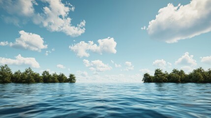 Blue Sky and Tranquil Water with Lush Green Trees.