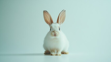 Obraz premium Stock minimalist photography of a curious rabbit with large ears, sitting against a minimalist white background with bright, even lighting