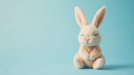 Obraz premium Stock minimalist photography of a happy bunny with closed eyes sitting on a pastel blue background with delicate shadows, creating a gentle and cheerful look