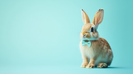 Obraz premium Stock minimalist photography of a rabbit with a tiny bow tie, standing on a smooth blue background with minimal shadows for a clean, sophisticated look