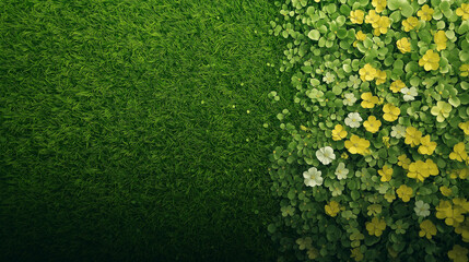 A green field with a yellow flower border