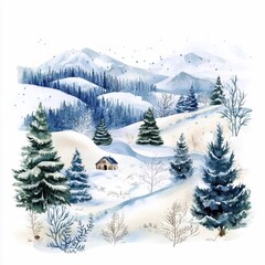 Fototapeta premium Watercolor painting of beautiful winter mountains. Landscape with house, snowy mountains, snowy forest, blue sky