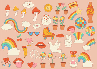 Vintage groovy icon. Doodle retro character.Hippie 70s style.Y2k style. Funky, hipster retro . Pop art elements.Hippie eyewear.Groovy sunglasses.Trendy comic sticker.Cartoon vintage hearts legs.