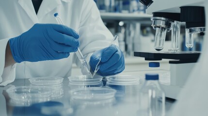 Fototapeta premium A clinical researcher conducting an experiment with petri dishes and lab equipment in a research lab, with scientific instruments and data sheets visible, Experimental style