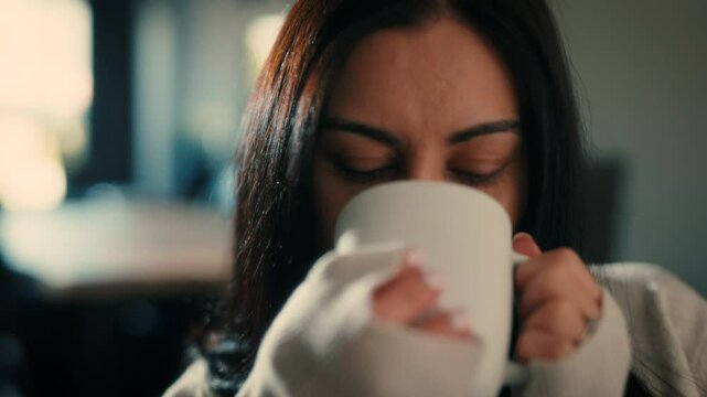 Portrait, thinking and woman drinking coffee with a positive business mindset smile and enjoying a cup of tea at home. Employee, peace and calm female worker relax while sipping hot beverage.
