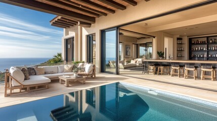 Fototapeta premium A stylish Mediterranean pool house with comfortable seating