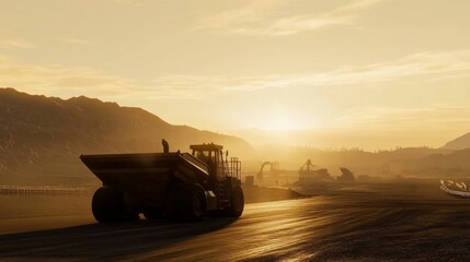 Fototapeta premium Heavy Equipment at Mining Site During Sunset