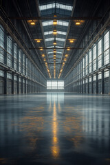 A large, empty industrial building with a yellow light shining down on the floor