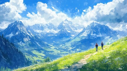 Scenic Mountain Landscape with Two Hikers