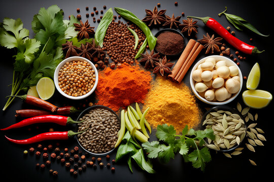 Vista superior de semillas y especias para cocinar. Curri, pimienta, guindilla, pipas. Ingredientes para alimentaci&oacute;n saludable.