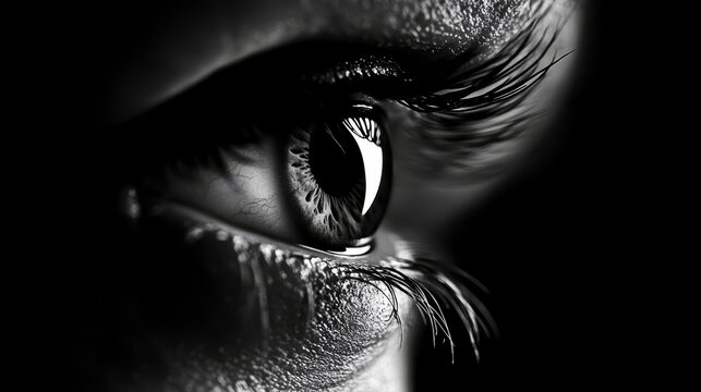  A tight shot of an eye, its iris depicted in contrasting black and white from a black-and-white photograph