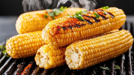Grilled corn on the cob, smoky flavor, garnished with herbs, dark background.