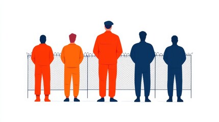Prisoners in line in front of a fence.