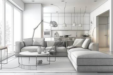Modern living room interior sketch design with chair and sofa.