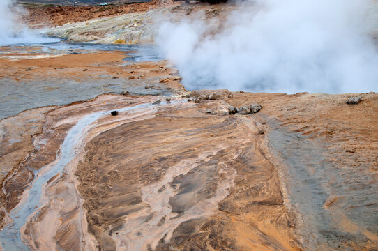 Myvatn Iceland, Namafjall  or Hverir geothermal area comprises of colorful mud cauldrons, steaming vents and water