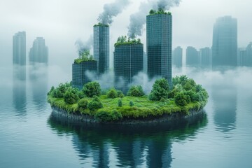 Obraz premium Urban greenery emerges from water as skyscrapers blend with nature in a foggy cityscape
