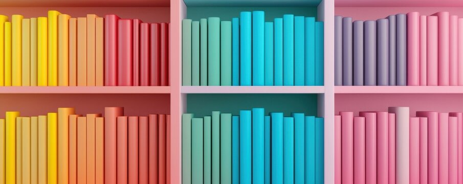 Vibrant collection of colorful books on shelves a visual study of order and aesthetic appeal in modern library designs