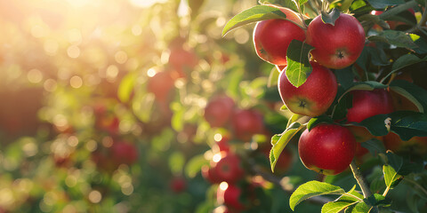 Obraz premium Bunch of red apples hanging from a tree