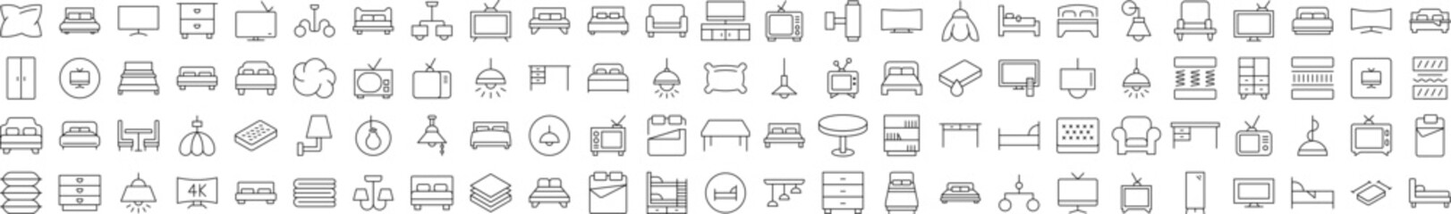Table, Closet, Chandelier, TV Set, Mattress Related Line Icon Collection. Editable Stroke. Perfect for Infographics, Articles, Books, Flyers, Banners