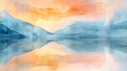 Abstract watercolor painting of a mountain range reflected in a still lake with a peach and blue color palette.