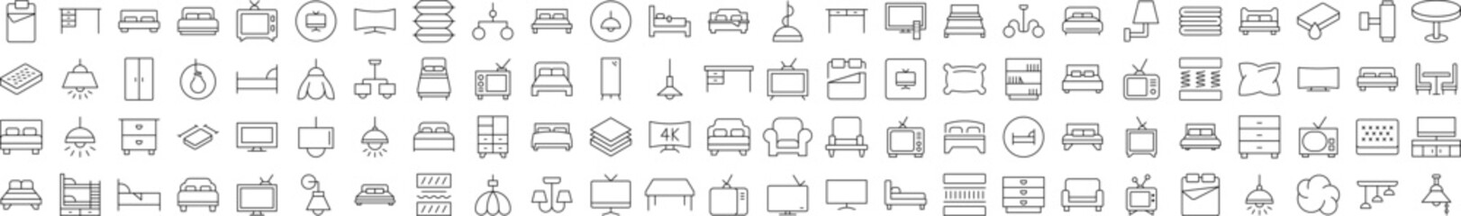 Table, Closet, Chandelier, TV Set, Mattress Picture Collection. Editable Stroke. Perfect for Infographics, Articles, Books, Flyers, Banners