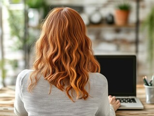 Back view of a woman working on laptop for her New Year's resolutions indoors