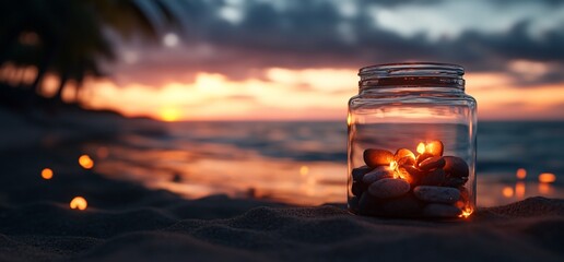 Glass jar with glowing stones on the beach at sunset.