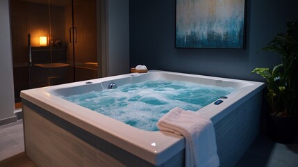 A white jacuzzi tub with blue water and bubbles, a white towel, and a plant in a pot sits in a spa setting.