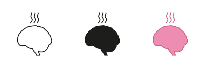 Mental Fatigue Sign. Burnout Brain Silhouette Icon Set. Hot Brain with Steam Symbolizing Exhaustion. Editable Stroke. Isolated Vector Illustration