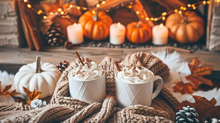 Couple sipping hot chocolate by the fireplace, wrapped in cozy blankets, with...