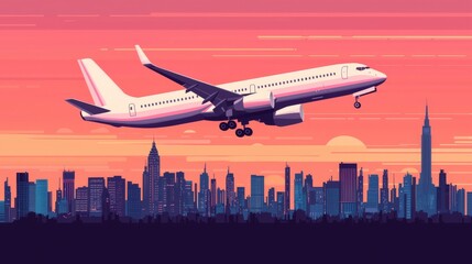 Airplane Taking Off Over City Skyline at Sunset.