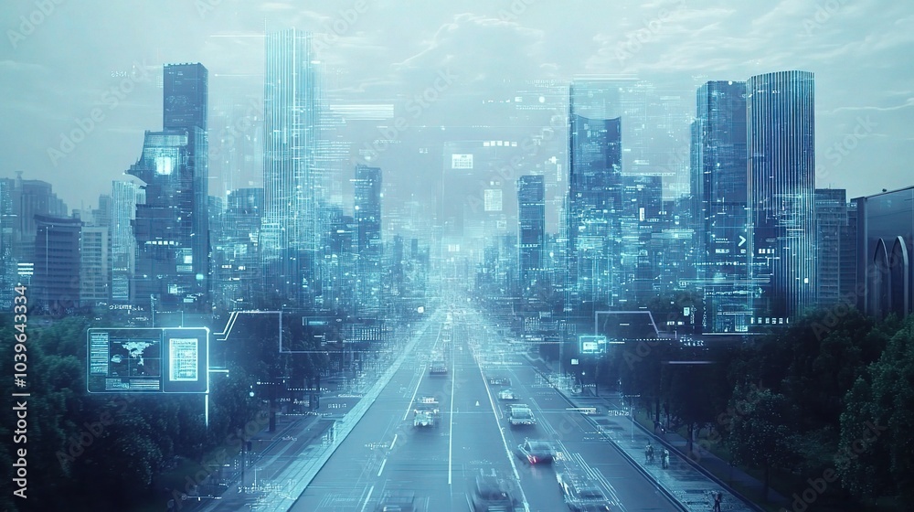 Wall mural Futuristic Cityscape with Digital Elements and Traffic