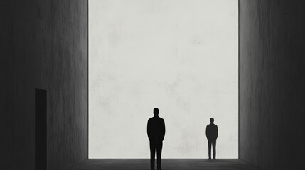 Two Silhouettes in a Concrete Room.