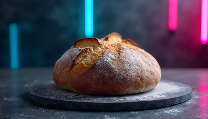 Round Sourdough Bread with Neon Light Accents
