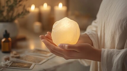 Woman holding luminous stone in candlelight for spiritual healing session