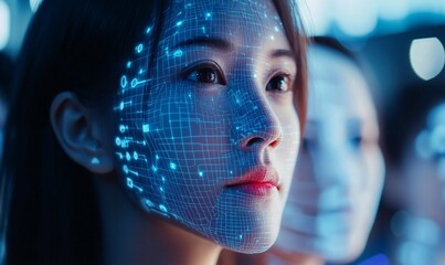 A woman's face with digital overlay, representing technology and future.