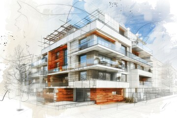 Modern residential building sketches and portfolio images.