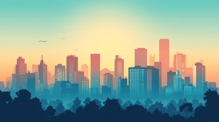 Obraz premium Flat Illustration of Sunrise Over the City Skyline