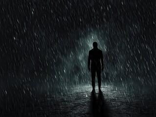 A solitary figure stands under heavy rain in a dark, atmospheric setting, evoking a sense of solitude and introspection.