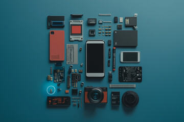 Flat lay of electronics and tech gadgets on blue background