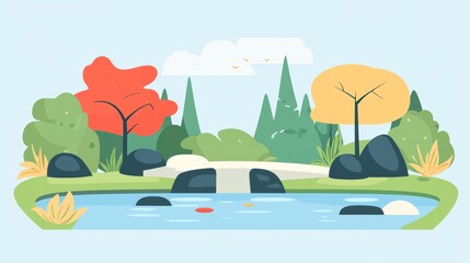 Fototapeta premium Picturesque Autumn Landscape with Pond and Waterfall