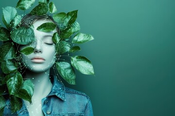 A serene mannequin surrounded by lush green leaves against a soothing teal background