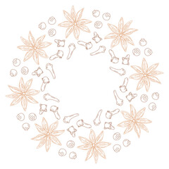 Star anise, cloves and allspice Round frame border idea Copyspace. Hand drawn spices for mulled wine