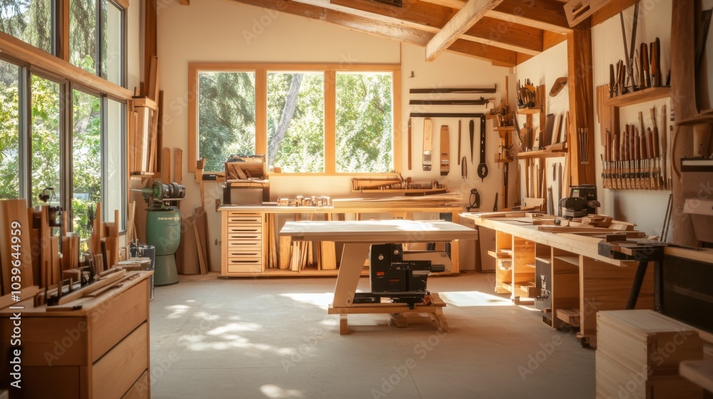 Poster a tranquil woodworking studio with tools and timber, workshop tools arranged in a well-lit space, co